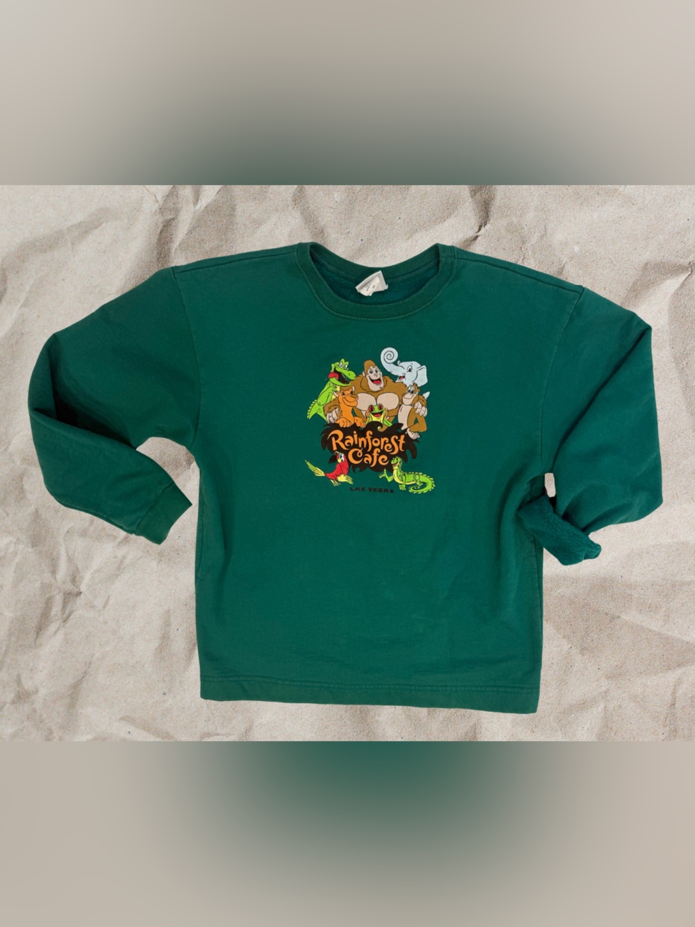 Vintage Rainforest Cafe Kids Green Crewneck Sweatshirt Size 14 Graphic